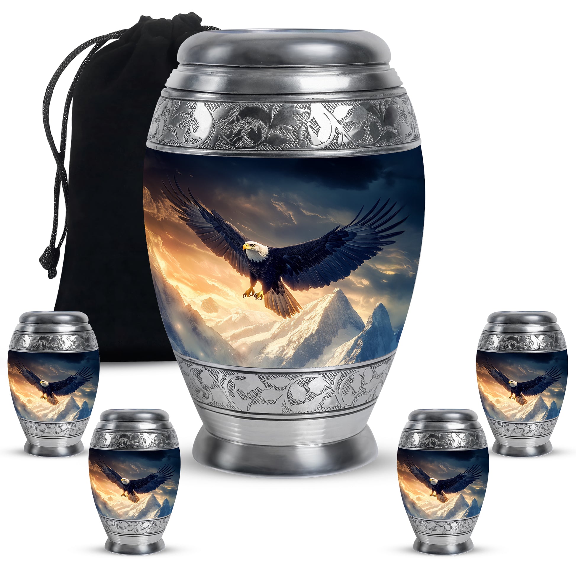 Misty Blue Eagle Cremation Urn detail view - regal eagle design with crown-inspired accents - memorial set with one large and four small urns
