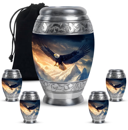 Misty Blue Eagle Cremation Urn detail view - regal eagle design with crown-inspired accents - memorial set with one large and four small urns
