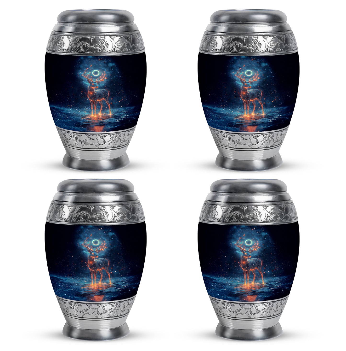 Ebony Deer Cremation Urn urn with complimentary velvet bag - ornate monarch-style deer relief on brushed aluminum - 10 inch aluminum urn for cremated remains