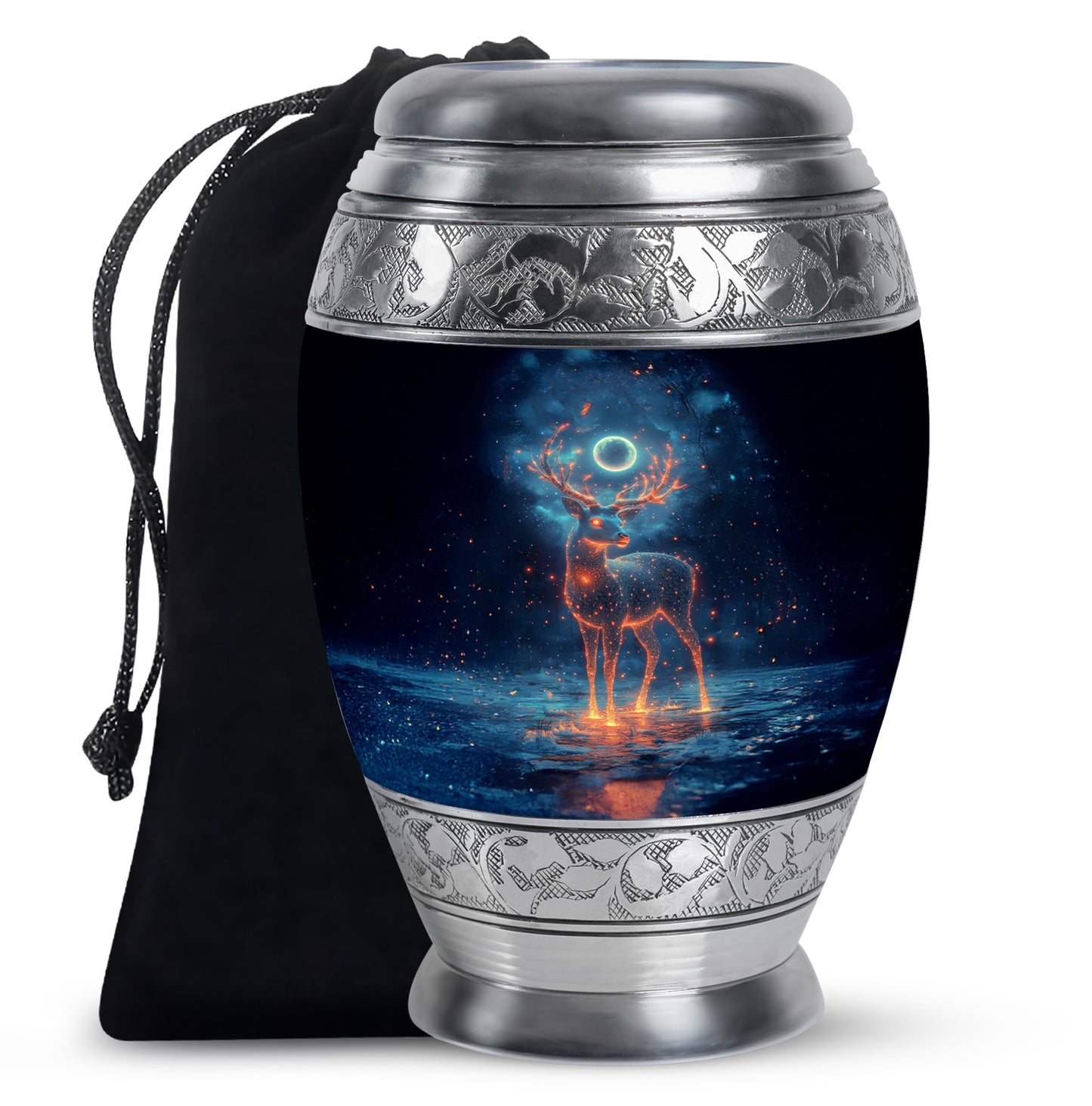 Rich Black Deer Cremation Urn back view with polished surface - ornate monarch-style deer relief on brushed aluminum - full-size 10 inch 200 cubic inch adult cremation urn