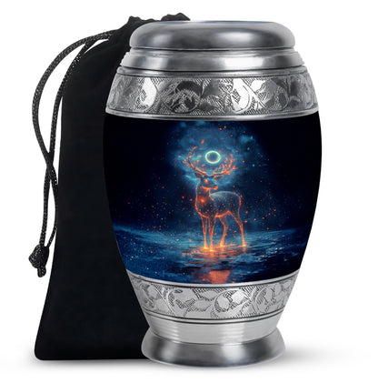 Rich Black Deer Cremation Urn back view with polished surface - ornate monarch-style deer relief on brushed aluminum - full-size 10 inch 200 cubic inch adult cremation urn