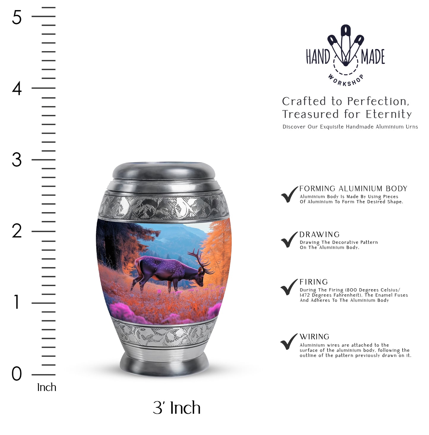 Serene Blue Deer Cremation Urn lifestyle display on memorial shelf - royal deer engraving with decorative scrollwork - mini keepsake memorial for portion of cremation ashes