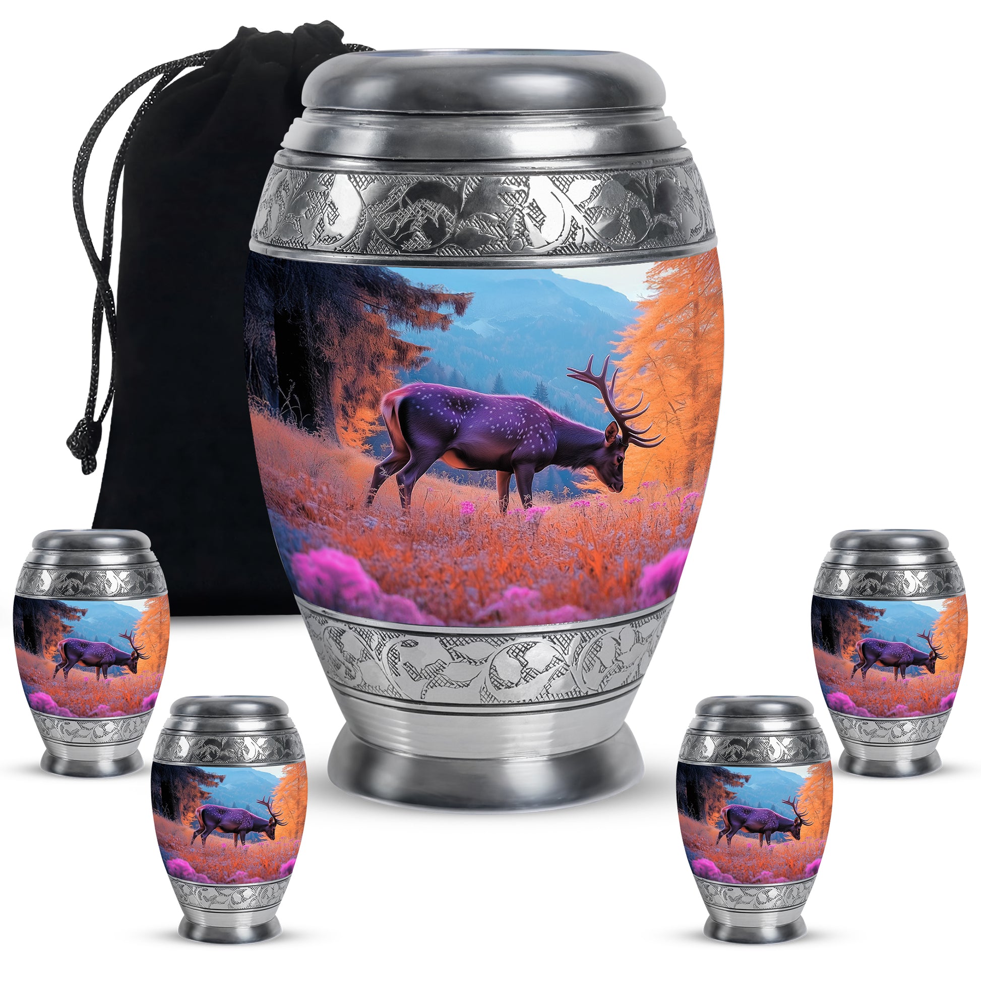 Icy Blue Deer Cremation Urn detail view - ornate monarch-style deer relief on brushed aluminum - memorial set with one large and four small urns