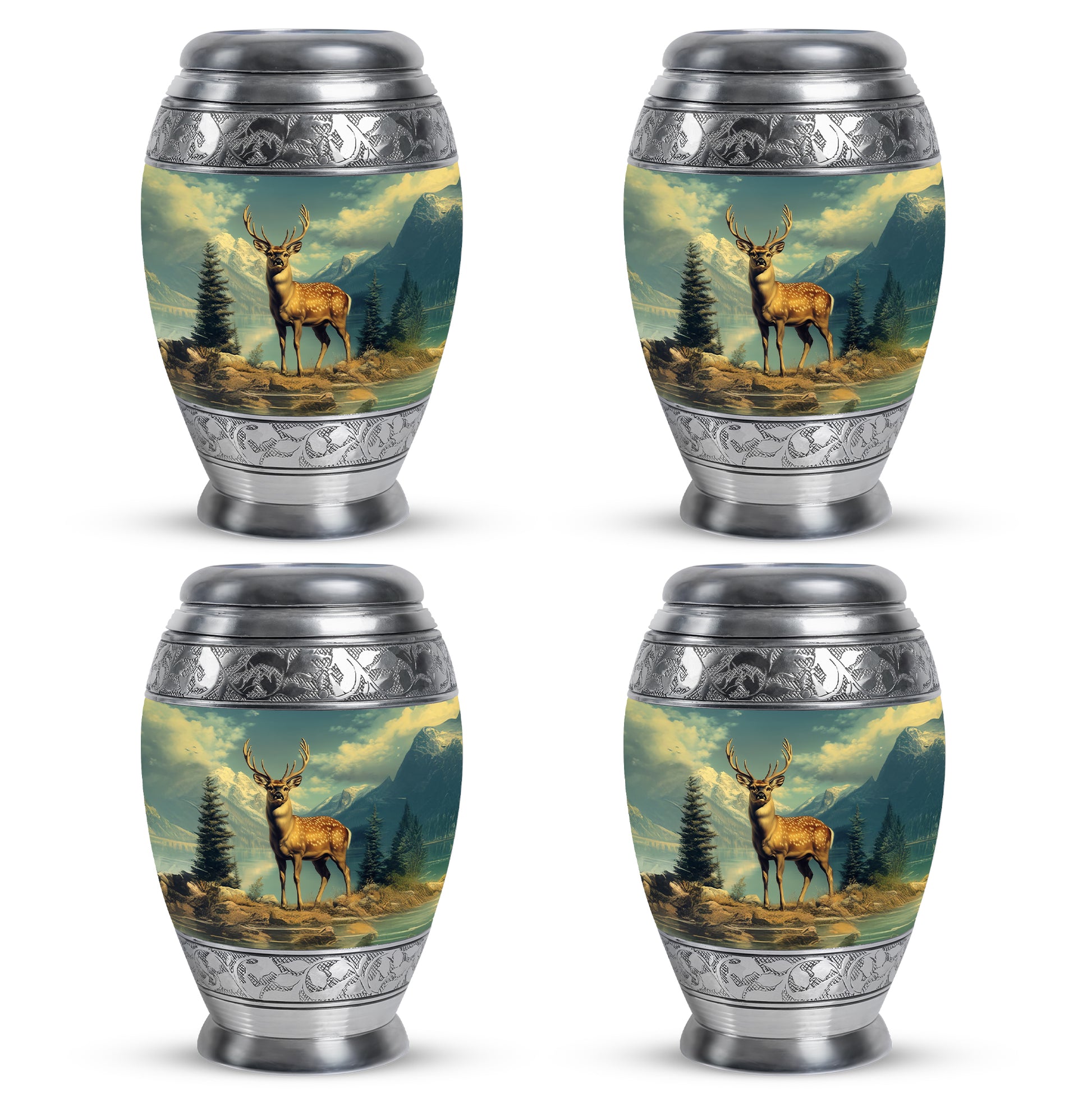 Cool Teal Deer Cremation Urn urn with complimentary velvet bag - ornate monarch-style deer relief on brushed aluminum - 10 inch aluminum urn for cremated remains