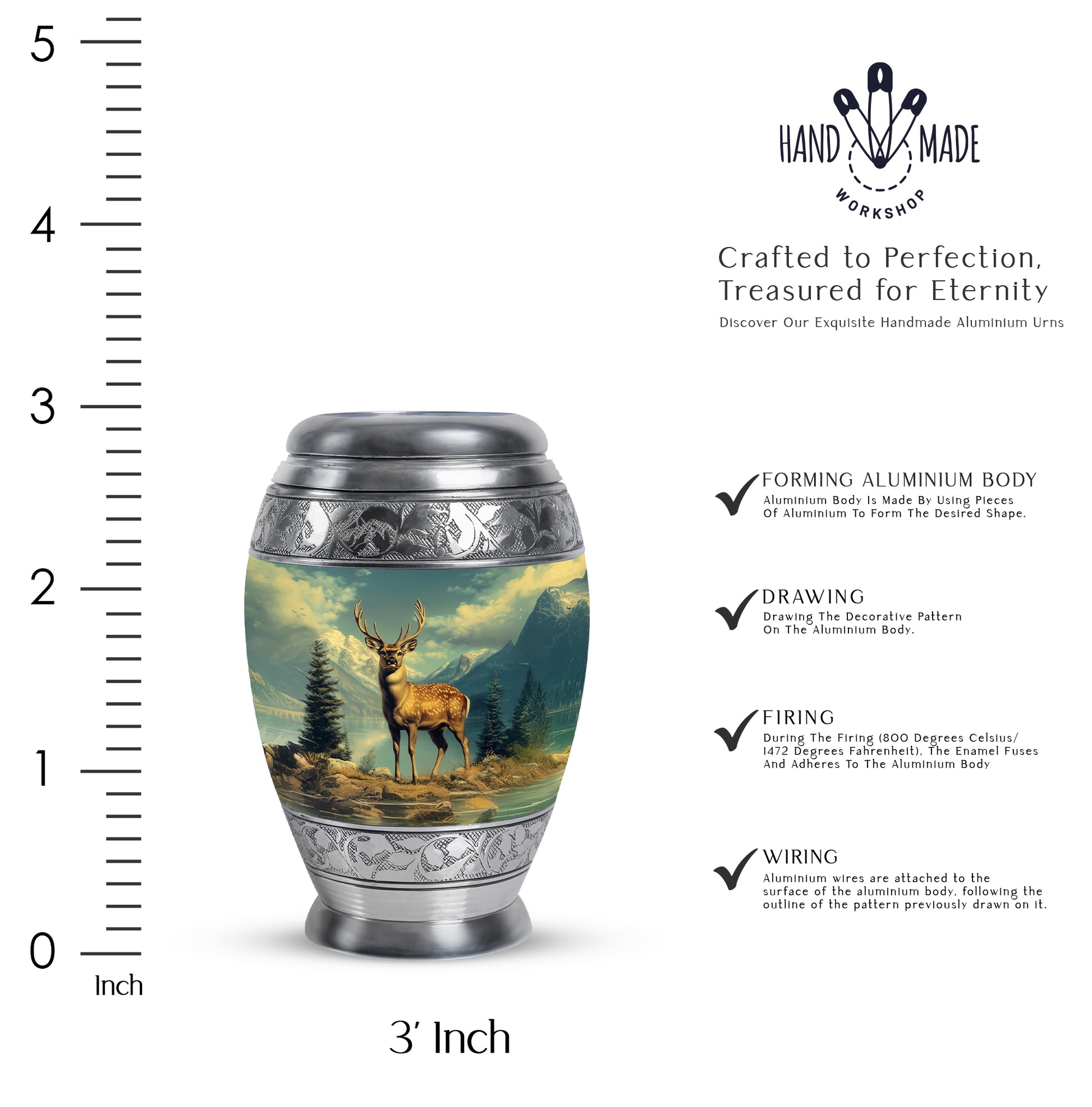 Ocean Teal Deer Cremation Urn lifestyle display on memorial shelf - ornate monarch-style deer relief on brushed aluminum - mini keepsake memorial for portion of cremation ashes