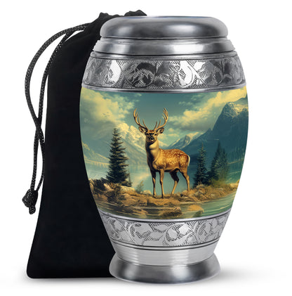 Jewel Teal Deer Cremation Urn back view with polished surface - ornate monarch-style deer relief on brushed aluminum - full-size 10 inch 200 cubic inch adult cremation urn