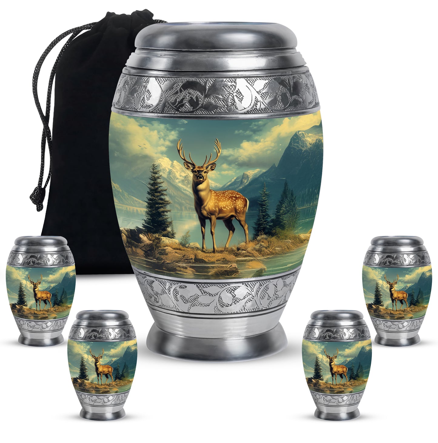 Vivid Teal Deer Cremation Urn detail view - majestic deer pattern with filigree border - memorial set with one large and four small urns