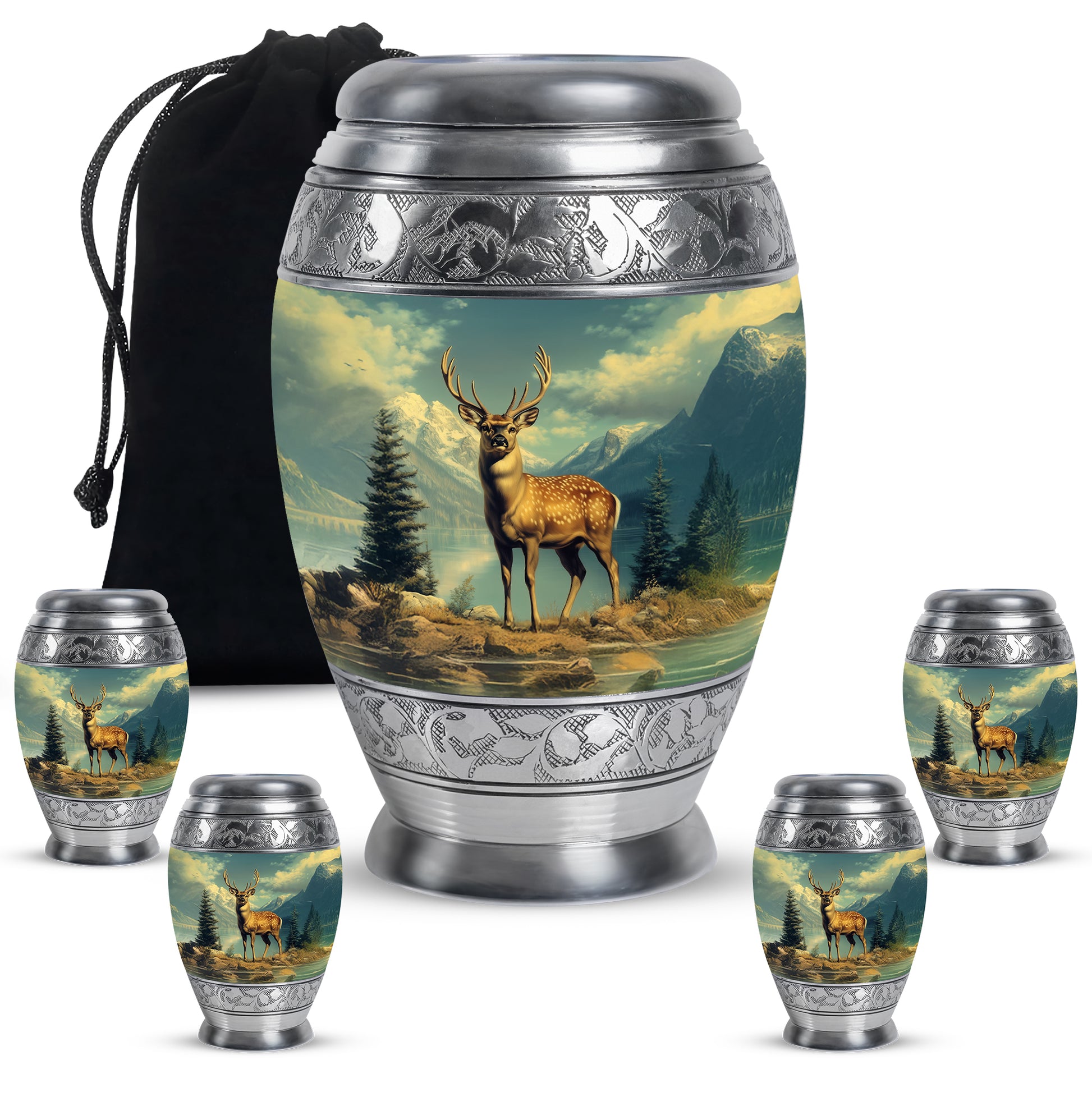 Vivid Teal Deer Cremation Urn detail view - majestic deer pattern with filigree border - memorial set with one large and four small urns