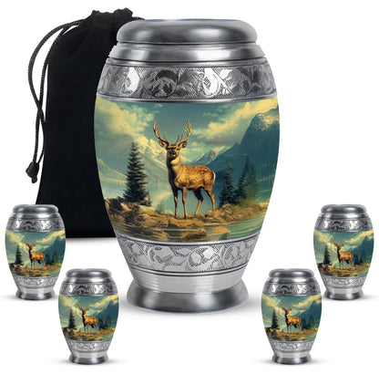 Vivid Teal Deer Cremation Urn detail view - majestic deer pattern with filigree border - memorial set with one large and four small urns