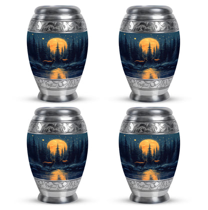 Sapphire Blue Deer Cremation Urn urn with complimentary velvet bag - royal deer engraving with decorative scrollwork - 10 inch aluminum urn for cremated remains