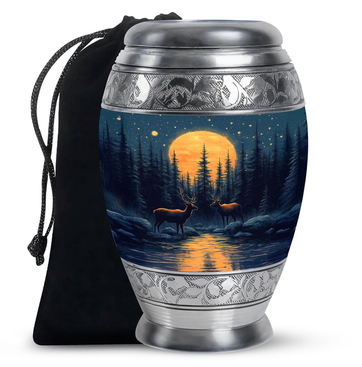 Dusty Blue Deer Cremation Urn back view with polished surface - regal deer design with crown-inspired accents - full-size 10 inch 200 cubic inch adult cremation urn