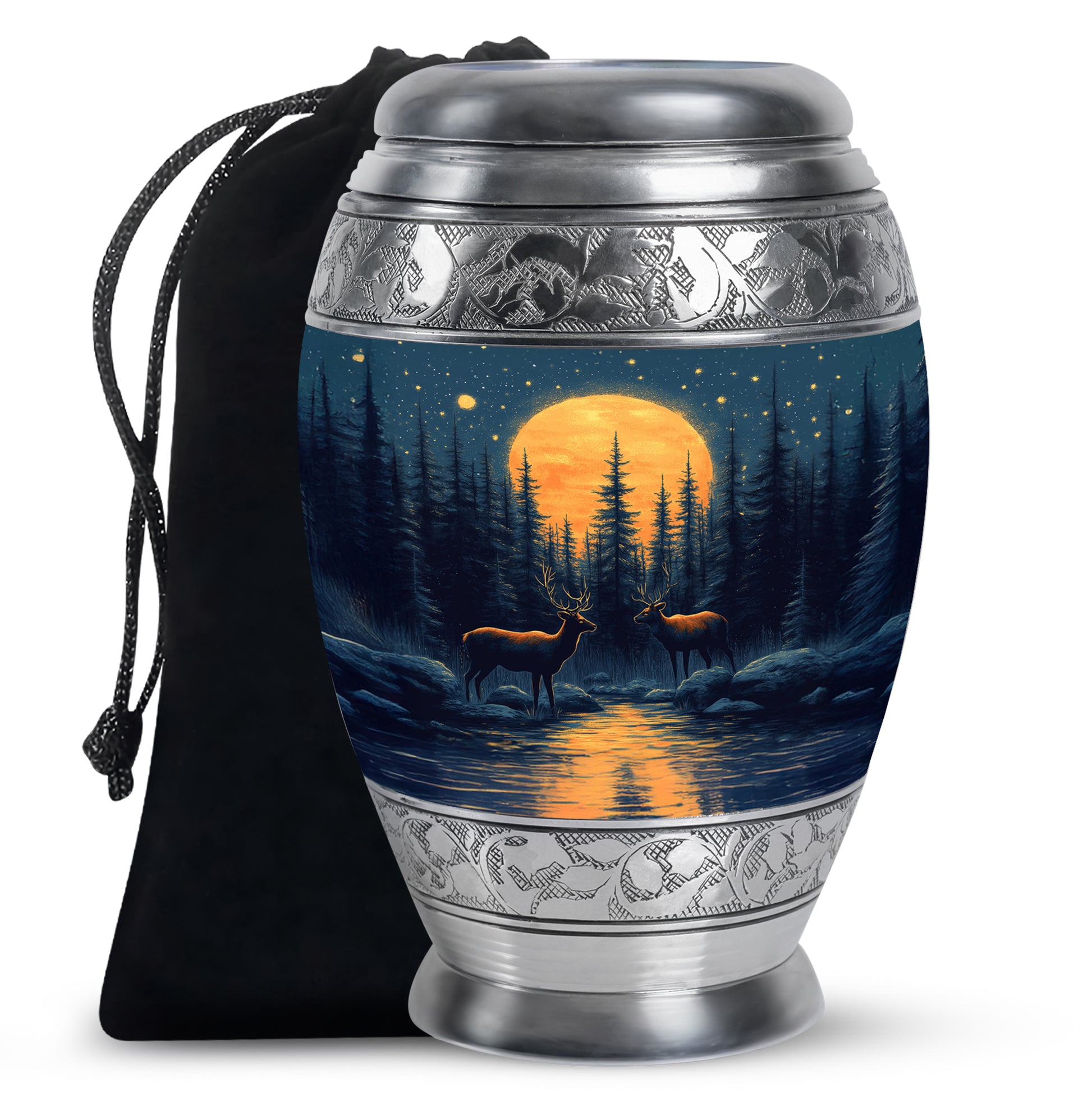 Dusty Blue Deer Cremation Urn back view with polished surface - regal deer design with crown-inspired accents - full-size 10 inch 200 cubic inch adult cremation urn