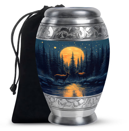 Dusty Blue Deer Cremation Urn back view with polished surface - regal deer design with crown-inspired accents - full-size 10 inch 200 cubic inch adult cremation urn