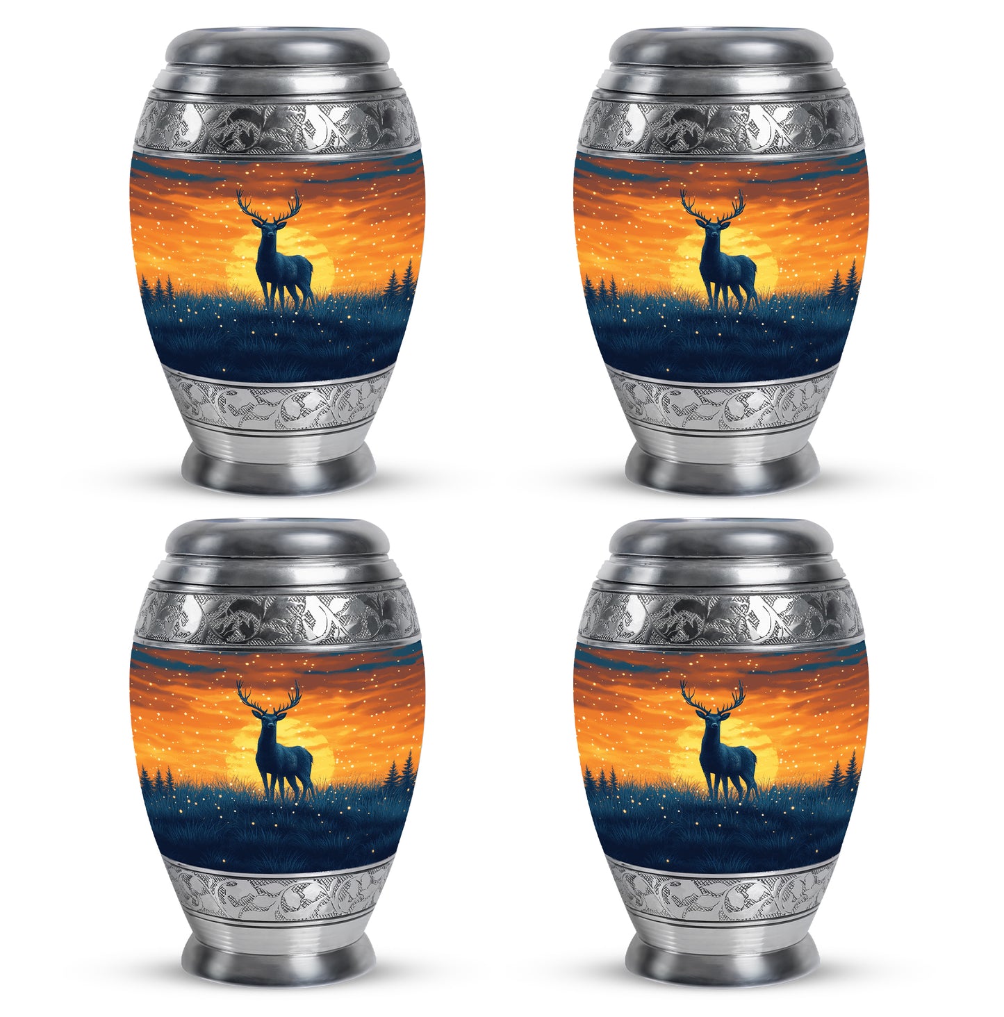 Misty Blue Deer Cremation Urn urn with complimentary velvet bag - ornate monarch-style deer relief on brushed aluminum - 10 inch aluminum urn for cremated remains