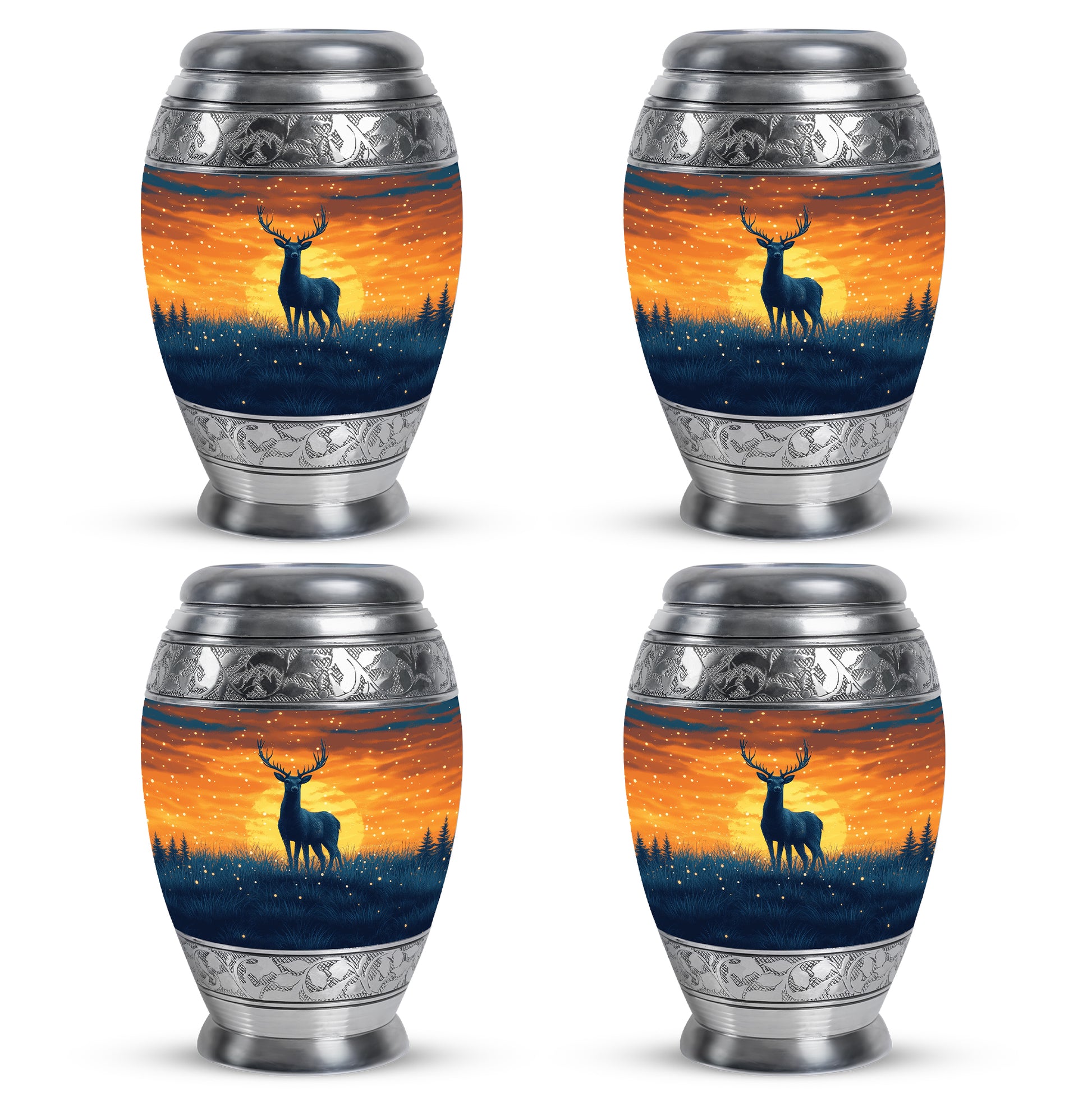 Misty Blue Deer Cremation Urn urn with complimentary velvet bag - ornate monarch-style deer relief on brushed aluminum - 10 inch aluminum urn for cremated remains