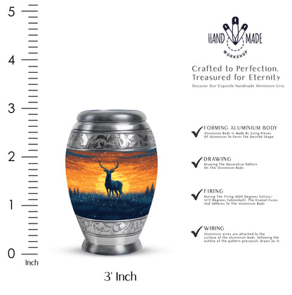Dusty Blue Deer Cremation Urn lifestyle display on memorial shelf - regal deer design with crown-inspired accents - mini keepsake memorial for portion of cremation ashes