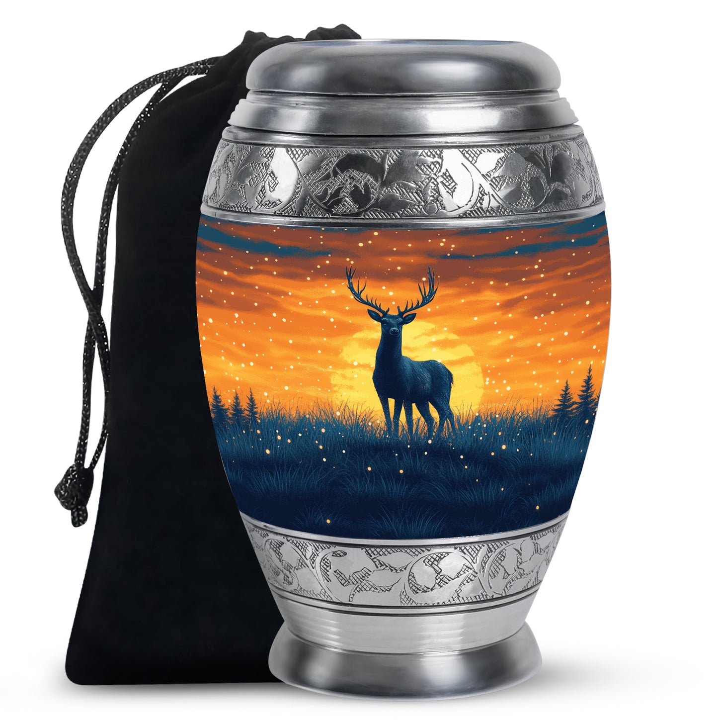 Steel Blue Deer Cremation Urn back view with polished surface - royal deer engraving with decorative scrollwork - full-size 10 inch 200 cubic inch adult cremation urn