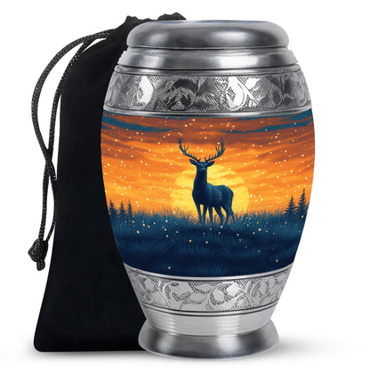 Steel Blue Deer Cremation Urn back view with polished surface - royal deer engraving with decorative scrollwork - full-size 10 inch 200 cubic inch adult cremation urn