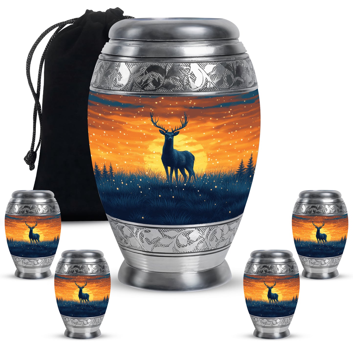 Sky Blue Deer Cremation Urn detail view - regal deer design with crown-inspired accents - memorial set with one large and four small urns