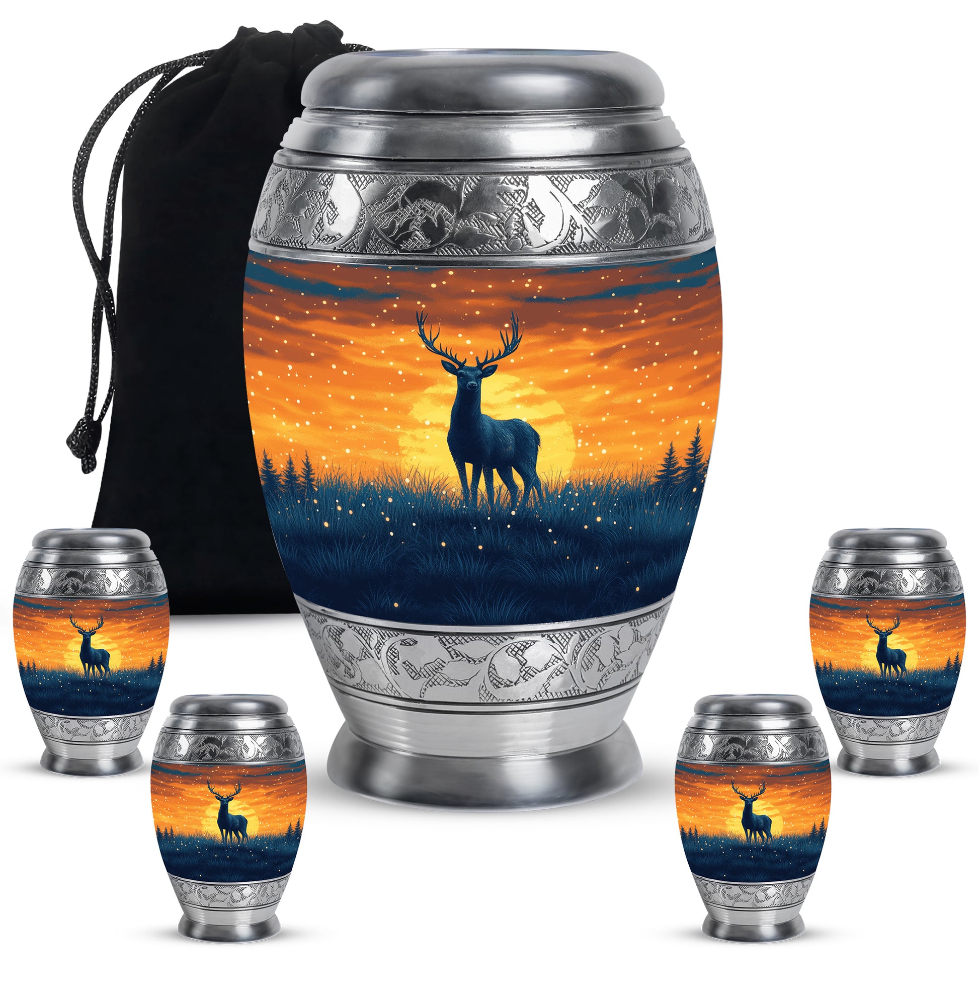 Sky Blue Deer Cremation Urn detail view - regal deer design with crown-inspired accents - memorial set with one large and four small urns