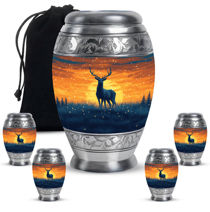 Sky Blue Deer Cremation Urn detail view - regal deer design with crown-inspired accents - memorial set with one large and four small urns
