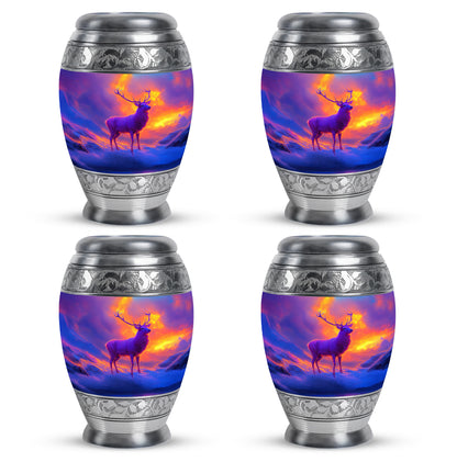 Amethyst Purple Deer Cremation Urn urn with complimentary velvet bag - ornate monarch-style deer relief on brushed aluminum - 10 inch aluminum urn for cremated remains