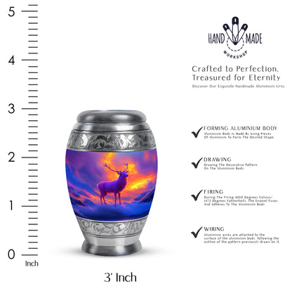 Lavender Purple Deer Cremation Urn lifestyle display on memorial shelf - majestic deer pattern with filigree border - mini keepsake memorial for portion of cremation ashes