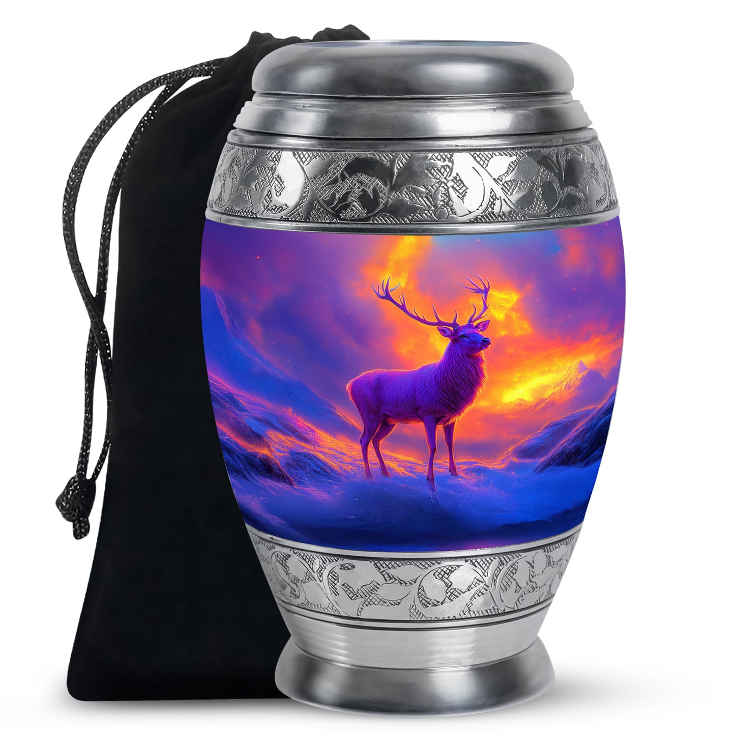 Orchid Purple Deer Cremation Urn back view with polished surface - regal deer design with crown-inspired accents - full-size 10 inch 200 cubic inch adult cremation urn
