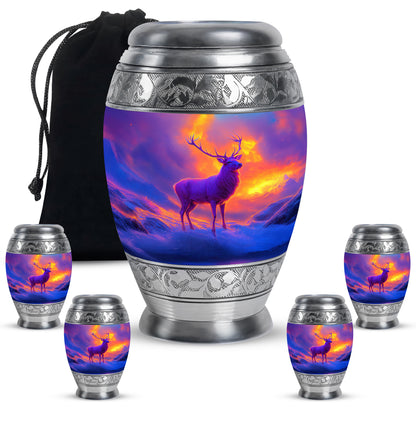 Deep Purple Deer Cremation Urn detail view - ornate monarch-style deer relief on brushed aluminum - memorial set with one large and four small urns
