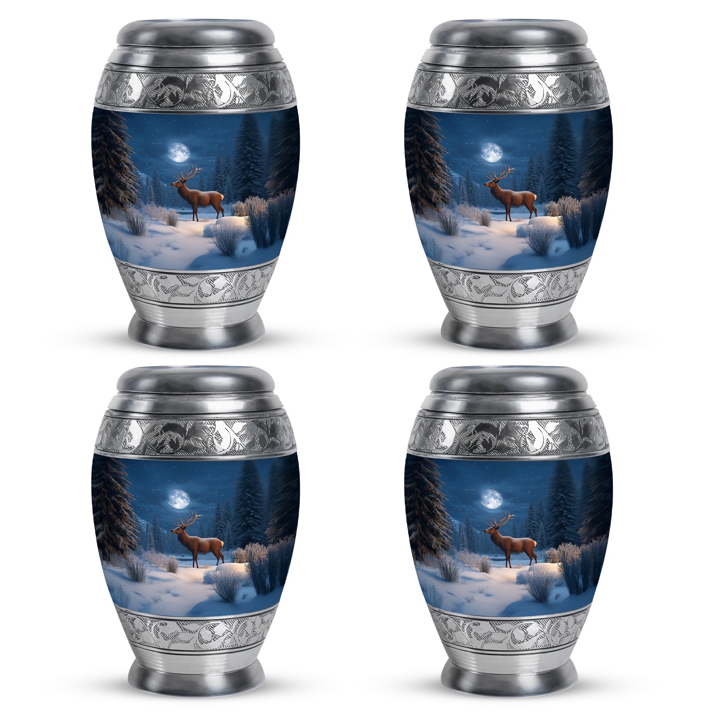 Cobalt Blue Deer Cremation Urn urn with complimentary velvet bag - majestic deer pattern with filigree border - 10 inch aluminum urn for cremated remains