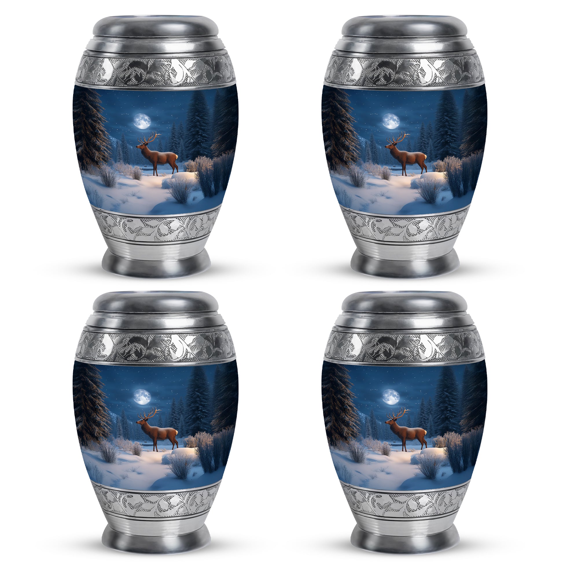 Cobalt Blue Deer Cremation Urn urn with complimentary velvet bag - majestic deer pattern with filigree border - 10 inch aluminum urn for cremated remains