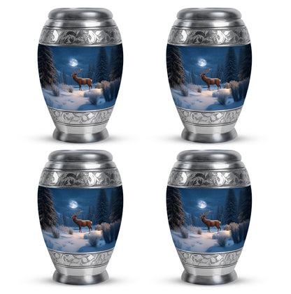 Cobalt Blue Deer Cremation Urn urn with complimentary velvet bag - majestic deer pattern with filigree border - 10 inch aluminum urn for cremated remains