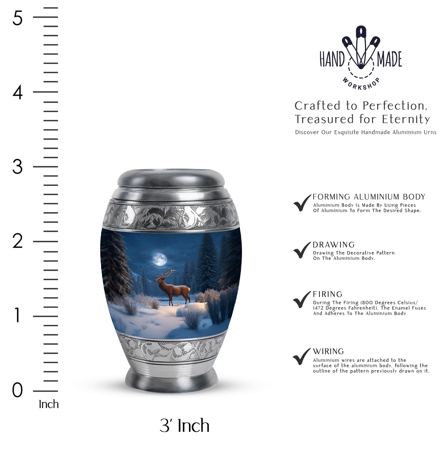 Slate Blue Deer Cremation Urn lifestyle display on memorial shelf - ornate monarch-style deer relief on brushed aluminum - mini keepsake memorial for portion of cremation ashes