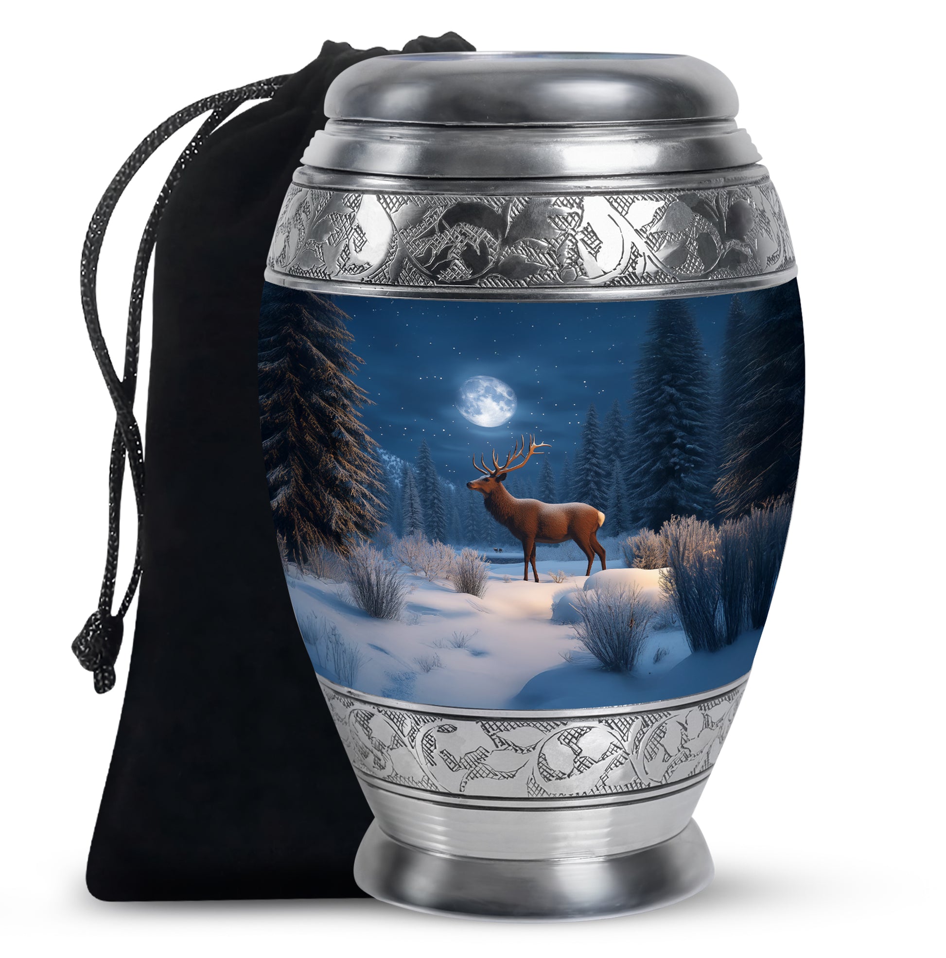 Pastel Blue Deer Cremation Urn back view with polished surface - ornate monarch-style deer relief on brushed aluminum - full-size 10 inch 200 cubic inch adult cremation urn