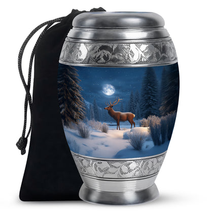 Pastel Blue Deer Cremation Urn back view with polished surface - ornate monarch-style deer relief on brushed aluminum - full-size 10 inch 200 cubic inch adult cremation urn