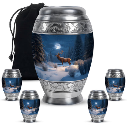 Azure Deer Cremation Urn detail view - regal deer design with crown-inspired accents - memorial set with one large and four small urns