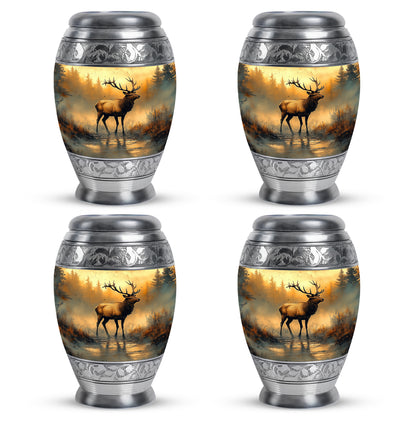 Amber Gold Deer Cremation Urn urn with complimentary velvet bag - ornate monarch-style deer relief on brushed aluminum - 10 inch aluminum urn for cremated remains