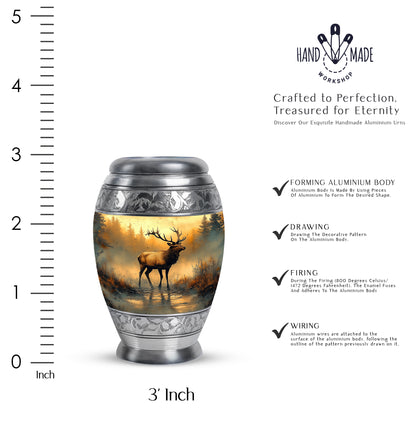 Warm Gold Deer Cremation Urn lifestyle display on memorial shelf - majestic deer pattern with filigree border - mini keepsake memorial for portion of cremation ashes