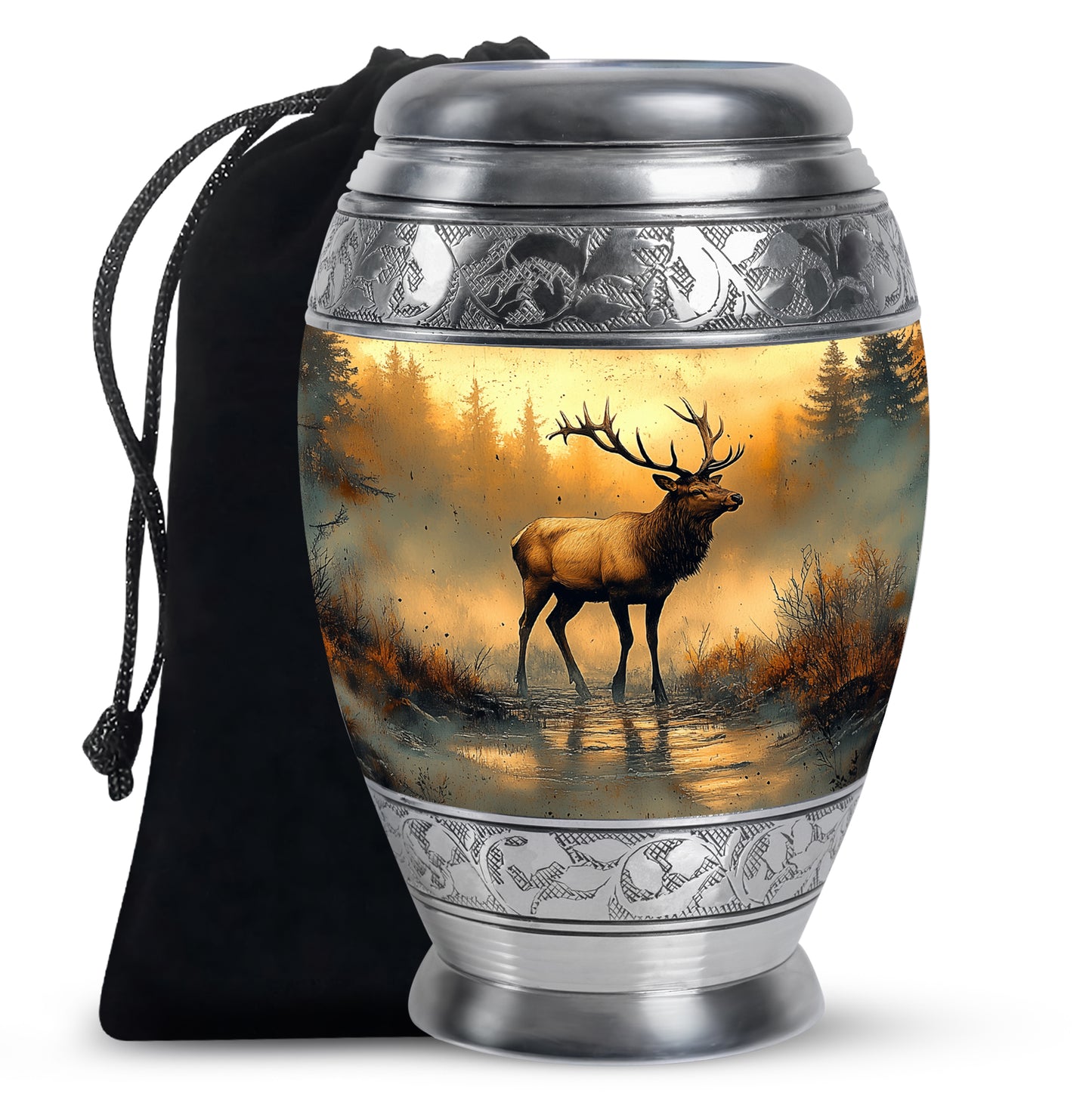 Sunrise Gold Deer Cremation Urn back view with polished surface - ornate monarch-style deer relief on brushed aluminum - full-size 10 inch 200 cubic inch adult cremation urn