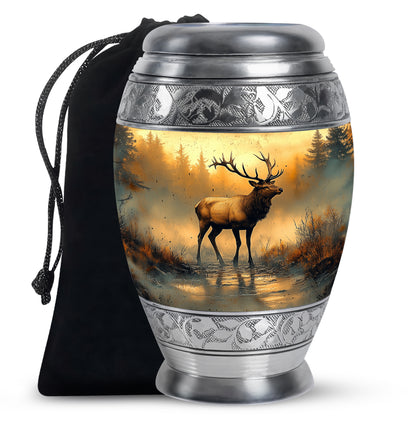 Sunrise Gold Deer Cremation Urn back view with polished surface - ornate monarch-style deer relief on brushed aluminum - full-size 10 inch 200 cubic inch adult cremation urn