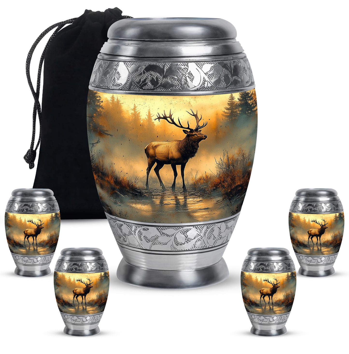 Antique Gold Deer Cremation Urn detail view - regal deer design with crown-inspired accents - memorial set with one large and four small urns