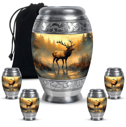 Antique Gold Deer Cremation Urn detail view - regal deer design with crown-inspired accents - memorial set with one large and four small urns