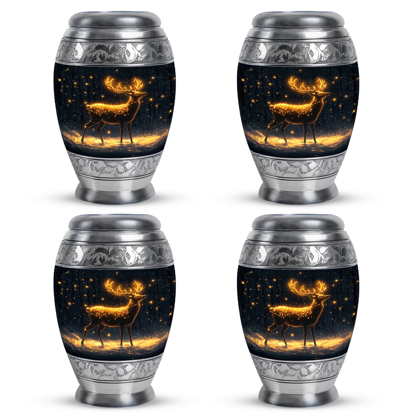 Deep Black Deer Cremation Urn urn with complimentary velvet bag - ornate monarch-style deer relief on brushed aluminum - 10 inch aluminum urn for cremated remains