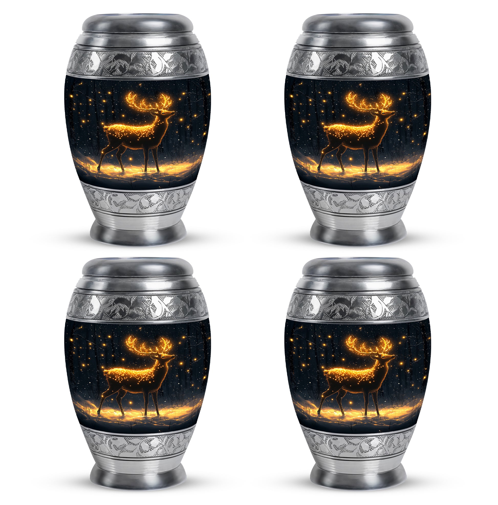 Deep Black Deer Cremation Urn urn with complimentary velvet bag - ornate monarch-style deer relief on brushed aluminum - 10 inch aluminum urn for cremated remains