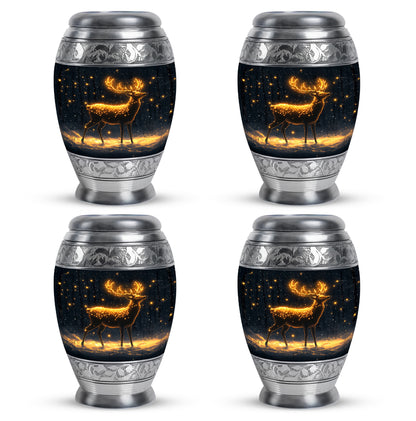 Deep Black Deer Cremation Urn urn with complimentary velvet bag - ornate monarch-style deer relief on brushed aluminum - 10 inch aluminum urn for cremated remains