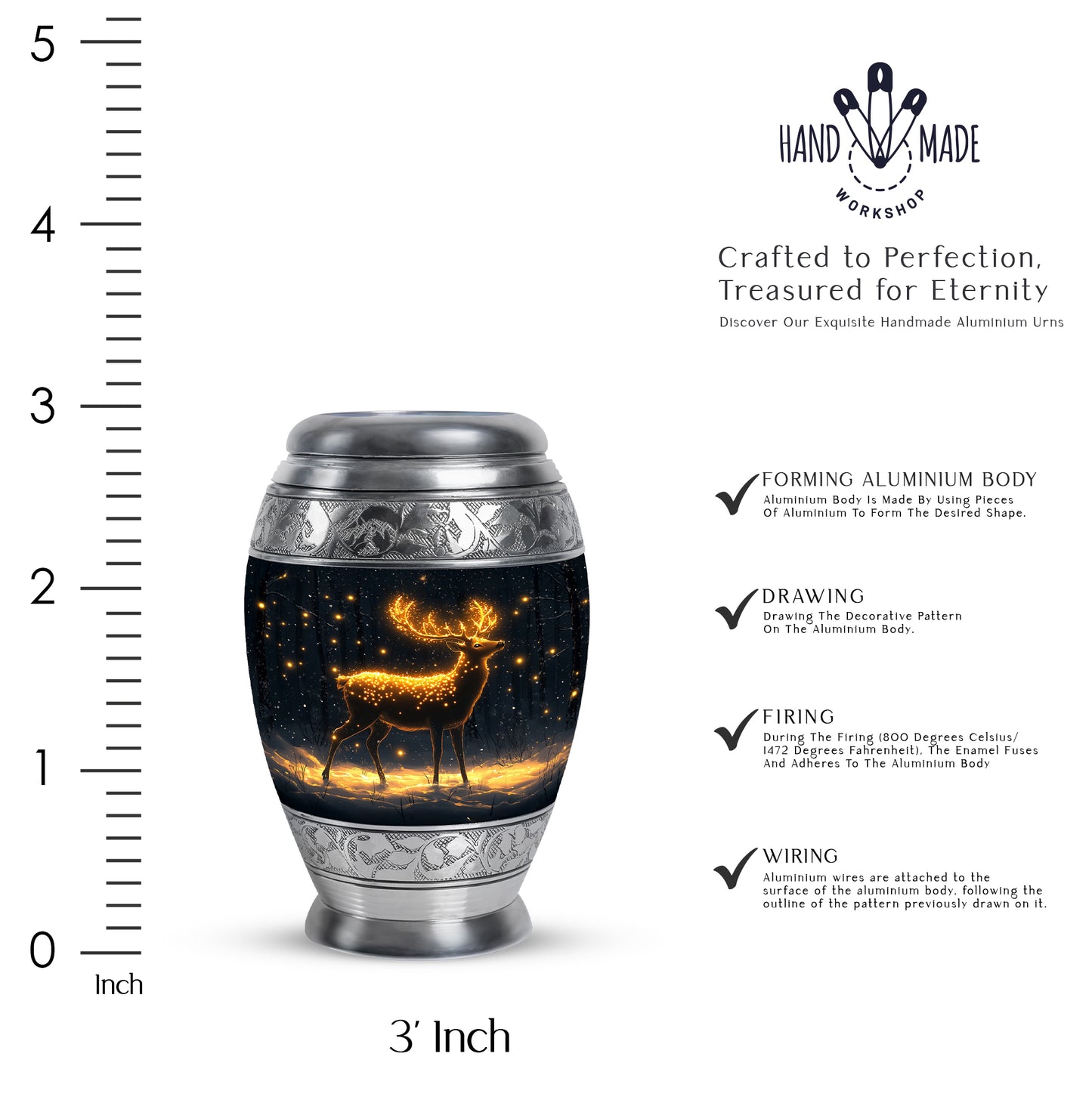Charcoal Black Deer Cremation Urn lifestyle display on memorial shelf - royal deer engraving with decorative scrollwork - mini keepsake memorial for portion of cremation ashes