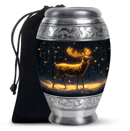 Onyx Black Deer Cremation Urn back view with polished surface - majestic deer pattern with filigree border - full-size 10 inch 200 cubic inch adult cremation urn