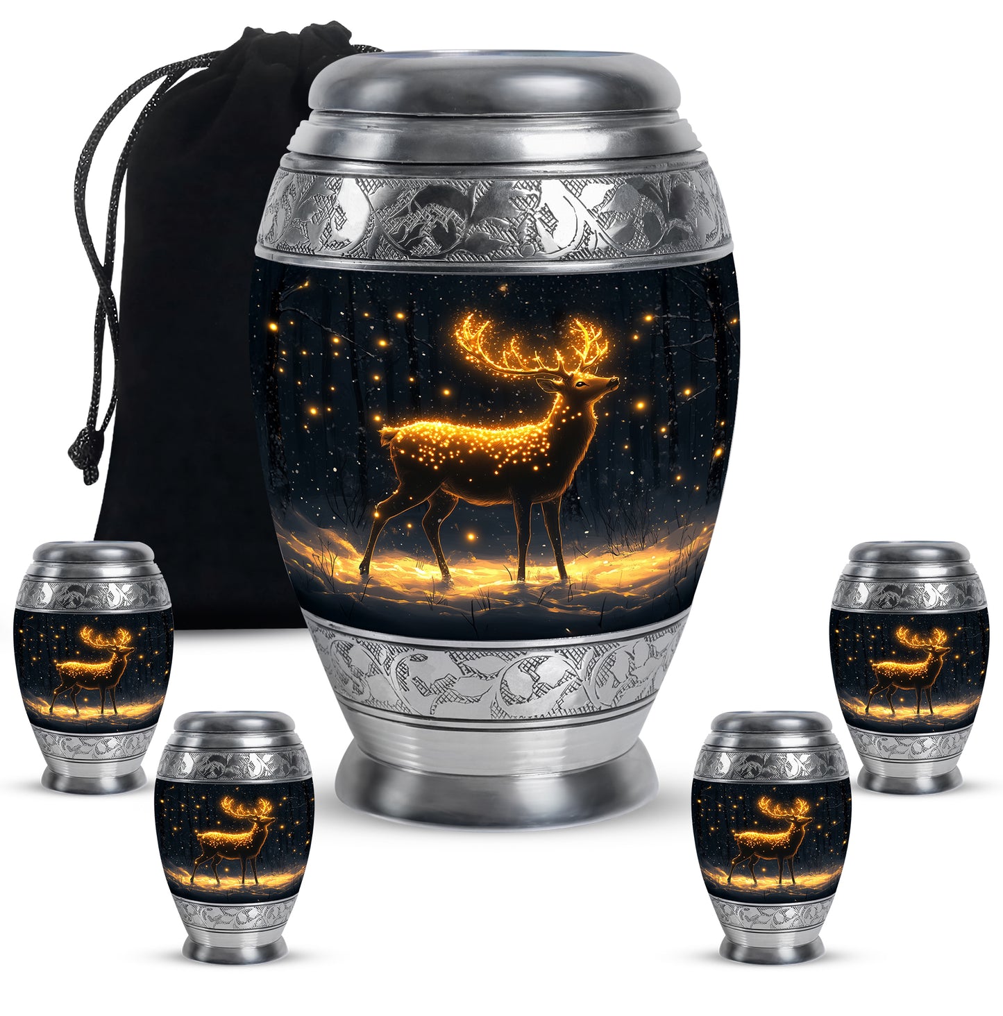 Dark Black Deer Cremation Urn detail view - majestic deer pattern with filigree border - memorial set with one large and four small urns