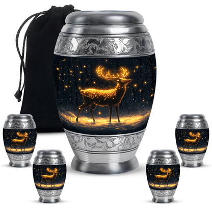 Dark Black Deer Cremation Urn detail view - majestic deer pattern with filigree border - memorial set with one large and four small urns