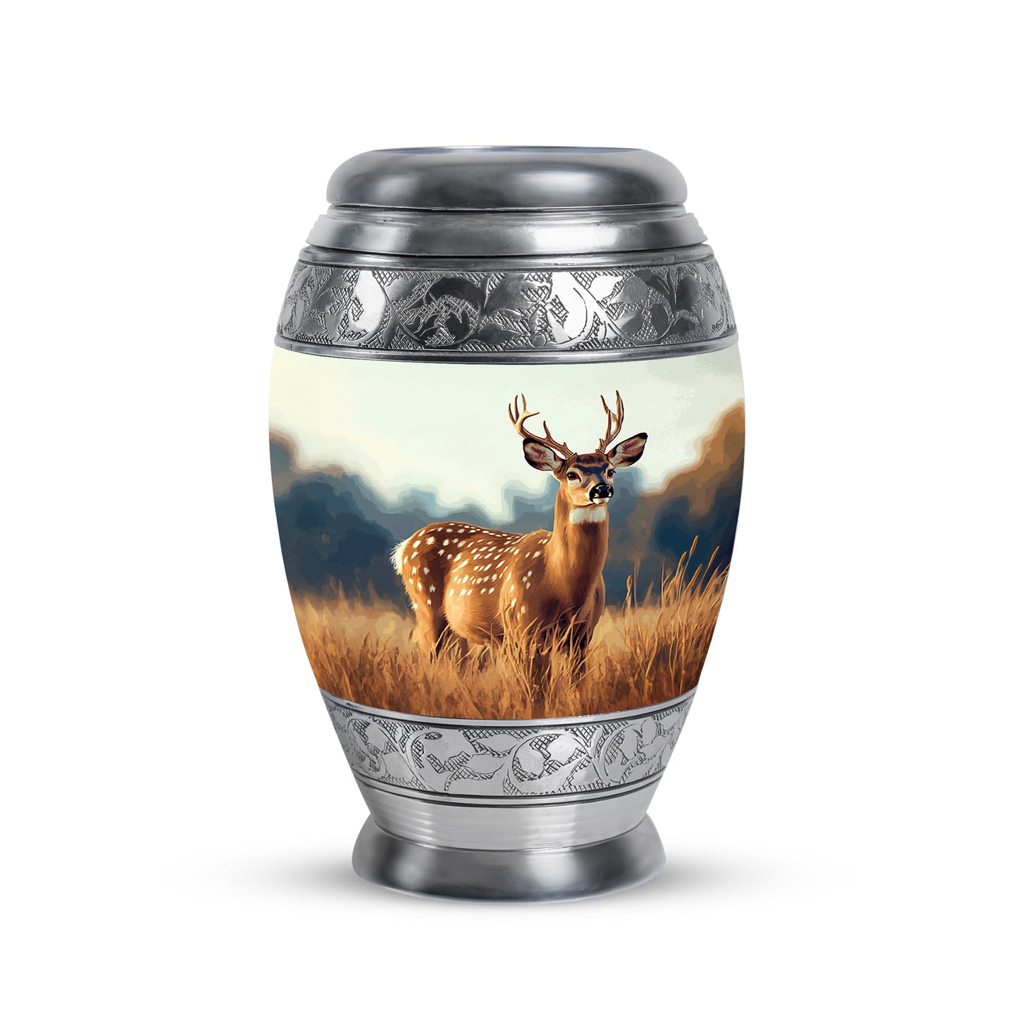 Personalized Silver Heavenly Deer Cremation Urns for Human Ashes - 10-inch, 200 cu in - Yatskia